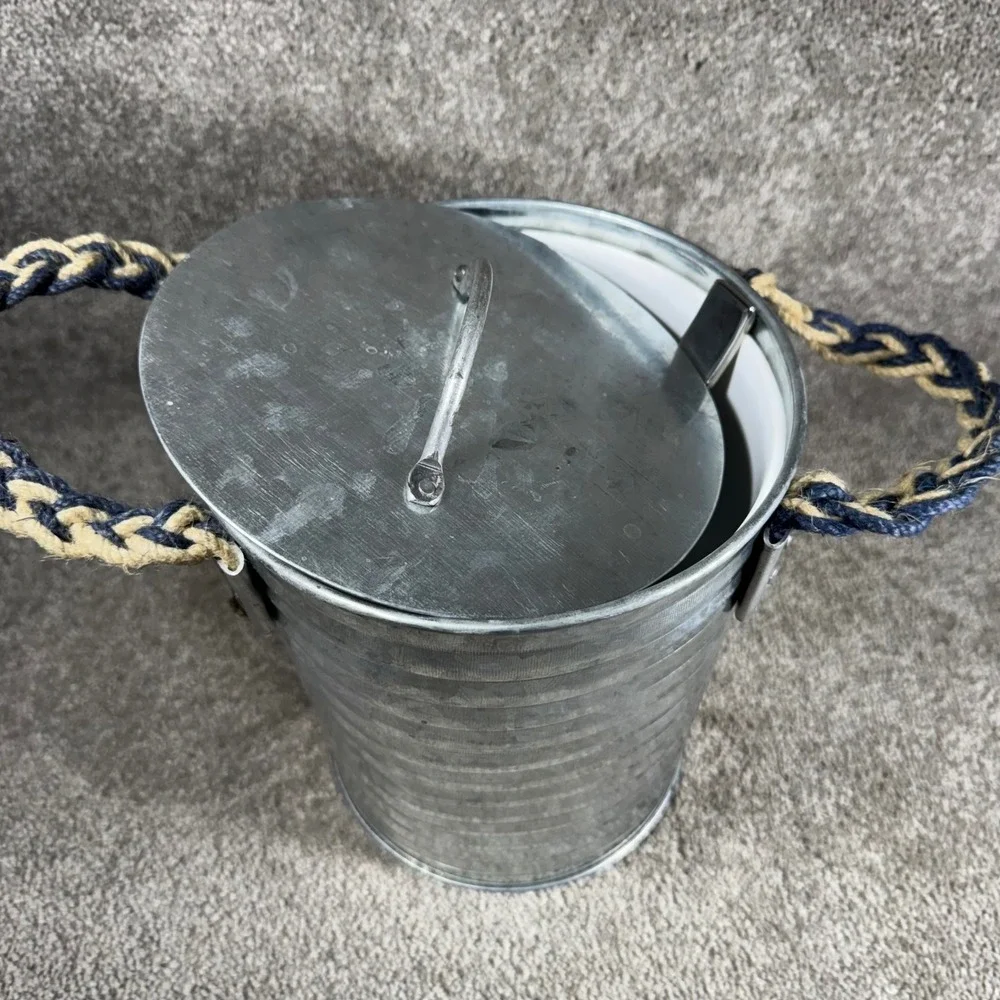 Ice Bucket Silver Galvanized Ribbed Rope Handle Nautical Farmhouse Set